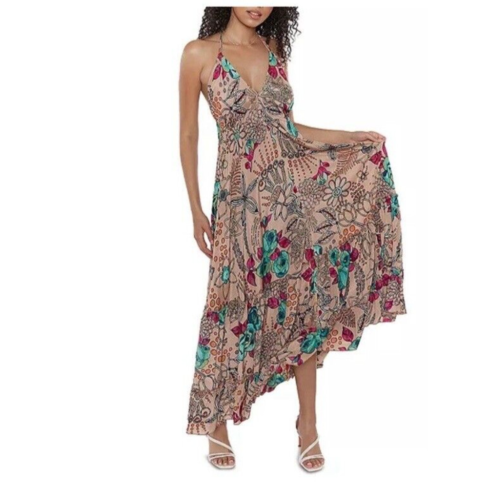 Raga Floral Paisley Halter Maxi Dress Tan Teal Pink Tassel Open Back R1622 NEW L